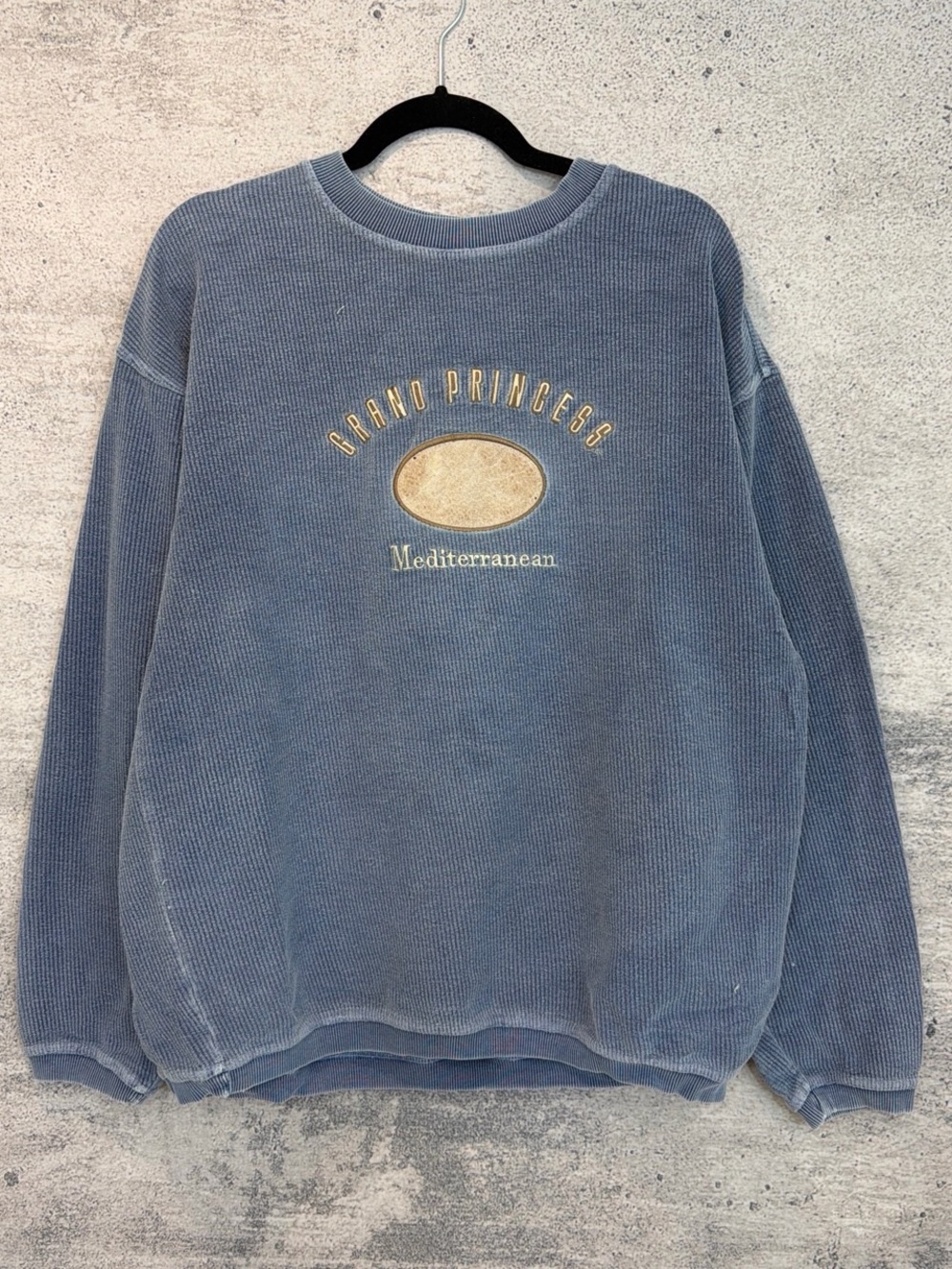 Vintage embroidered princess Mediterranean Blue Corded Sweatshirt
